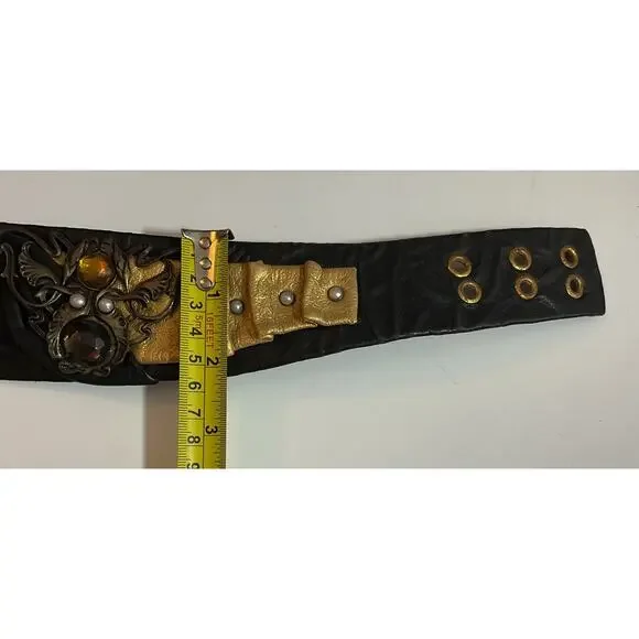 80s Nina Arjani Medium Leatherock Belt Rhinestones & Pearls Leather - Picture 7 of 10